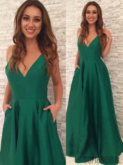 A-line Floor-length Straps V-neck Emerald Green Prom Dresses, PD0050