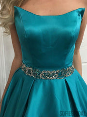 A-line Strapless Simple Cheap Long Prom Dresses With Beading, PD0097
