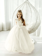Cute Elegant Spaghetti Straps Lace Tulle A-Line Flower Girl Dresses, FGS0032