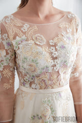 A-line Floor-length 3/4 Sleeves See-though Embroidery Wedding Dresses, WD0466