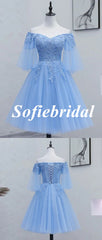 Elegant Blue Tulle And Lace Off Shoulder A-line Mini Dresses/ Homecoming Dresses, HD0318