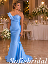 Elegant Blue Satin Bridesmaid Dress Mermaid With Beaded Bodice, SFWG00640
