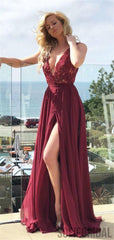 A-line Deep V-neck Lace Appliques Prom Dresses With Split, PD0094