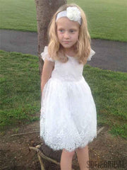 A-line Round Neck Cap Sleeves Knee-length Lace Flower Girl Dresses, FG0109