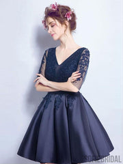 Cheap Short Cute Long Sleeve Lace Navy Homecoming Dresses 2018, CM468