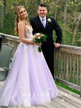 A-Line V-Neck Sleeveless Tulle Long Prom Dresses With Lace,SFPD0032