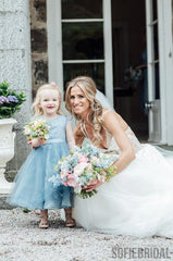 Blue Lace Top Tulle Flower Girl Dresses, Popular Cheap Junior Bridesmaid Dresses, FG045