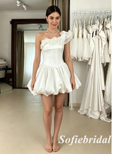Chic Satin Off Shoulder Ruffle Short A-Line Bridal Dress for Wedding, SFWD0084