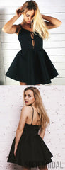 A-Line Spaghetti Straps Black Satin Short Homecoming Dress, HD0142