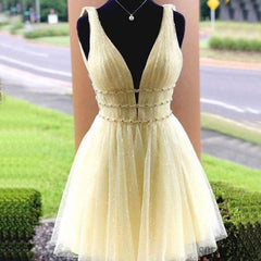 A-line V-neck Sparkly Yellow Tulle Beading Short Homecoming Dress, HD0167