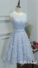 Elegant Blue Tulle Spaghetti Straps A-line Mini Dresses/ Homecoming Dresses With Appliques, HD0319