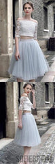 2 pieces Lace Top Half Sleeve Light Grey Tulle Skirt Homecoming Dresses, Popular Homecoming Dresses, SF0087