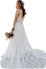 A-line V-neck Spaghetti Straps Lace Long Wedding Dresses, WD0494