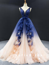 A-Line V-Neck Sleeveless Ombre Tulle Long Prom Dresses With Beading,SFPD0062