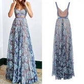 Blue Lace Spaghetti Long A-line Prom Dresses, 2018 Prom Dresses, Backless Prom Dresses PD0334