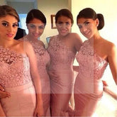 Charming One Shoulder Top Lace Mermaid Sexy Junior Pink On Sale Wedding Party Impressive Long Bridesmaid Dresses, WG93