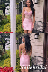 Blush Pink Satin Corset Homecoming Dress With Lace Appliques, HD0331