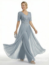Dusty Blue Lace Chiffon Jumpsuit Formal Dress, Elegant V-Neck Mother of the Bride Gown with Sleeves, SFM013