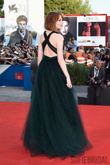 A-line Deep V-neck Backless Dark Green Long Tulle Prom Dresses, PD0027