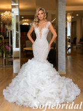 Beaded Lace Mermaid Wedding Dress With Ruffled Organza Skirt, SFWD0087