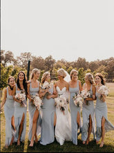 Blue Satin Spaghetti Straps Scoop Side Slit Long Bridesmaid Dresses,SFWG00407