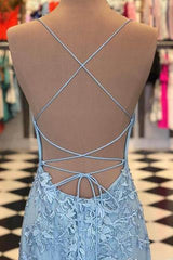 Blue Lace Applique Mermaid Sexy Cheap Long Prom Dresses, PD0059