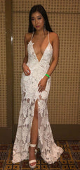 Deep V-neck Lace Prom Dresses, Sexy Side Prom Dresses, Cheap Prom Dresses, PD0731