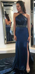 Beaded Soft Satin Sheath Prom Dresses, Backless Popular Prom Dresses, PD0746