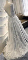 A-line Lace Appliques Sleeveless V-back Long Prom Dress, PD0010