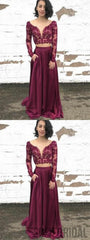 2 Pieces Prom Dresses, Long Sleeves Prom Dresses, Cheap Long Prom Dresses, PD0672
