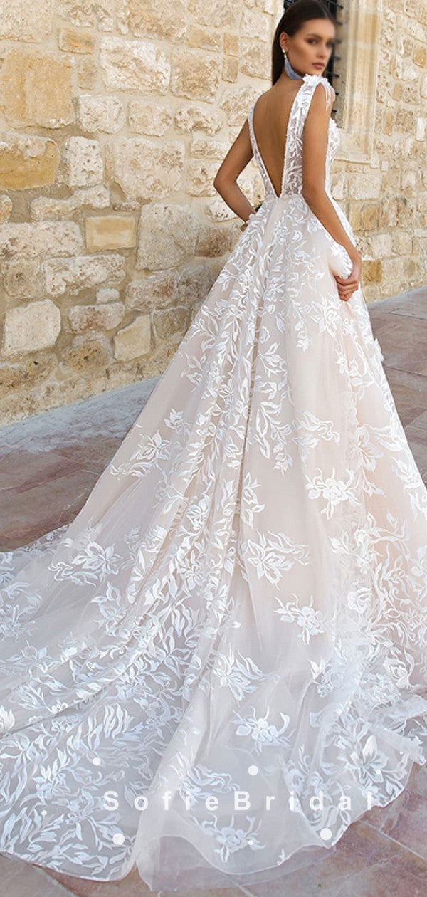A-Line V-Neck Sleeveless Lace Long Wedding Dresses,SFWD0001