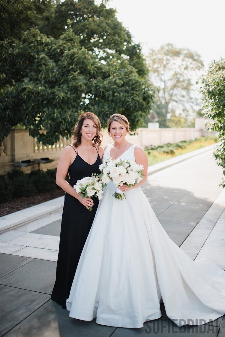 A-line SpaghettI Straps V-neck Backless Long Black Bridesmaid Dresses, BD1071