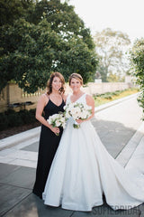 A-line SpaghettI Straps V-neck Backless Long Black Bridesmaid Dresses, BD1071