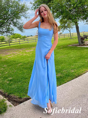 Elegant Blue Chiffon Spaghetti Straps Square Side Slit A-Line Floor Length Prom Dress, PD01044