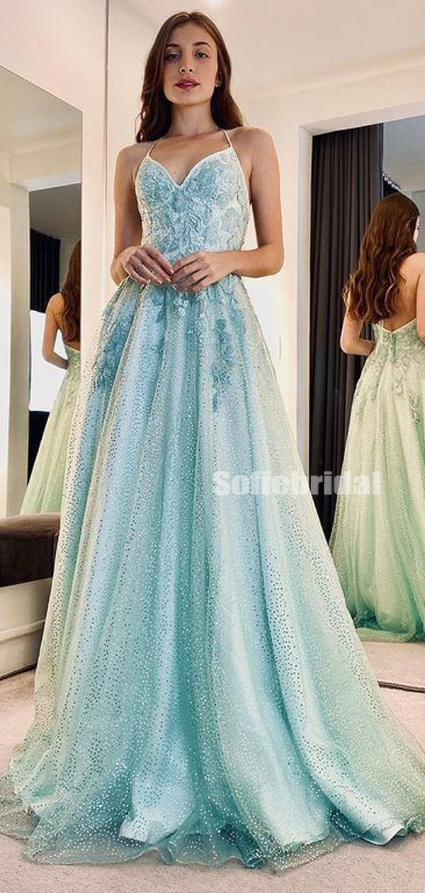Charming V-neck A-line Tulle Lace Floor-length Long Prom Dresses,SFPD0131