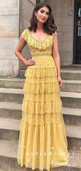 A-Line Cap Sleeves Chiffon Floor Length Prom Dresses With Ruffles,SFPD0012