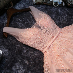 Cheap V Neck Peach Lace Beaded Cute Homecoming Dresses, CM445