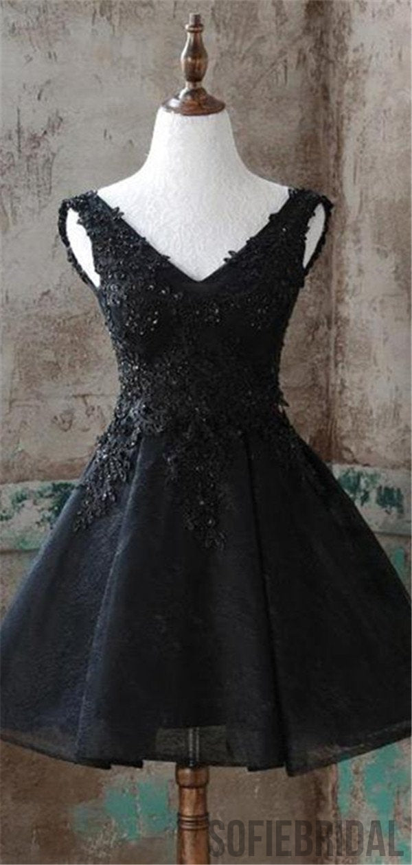 A-line Sleeveless V-neck Appliaues Black Homecoming Dresses, HD0100