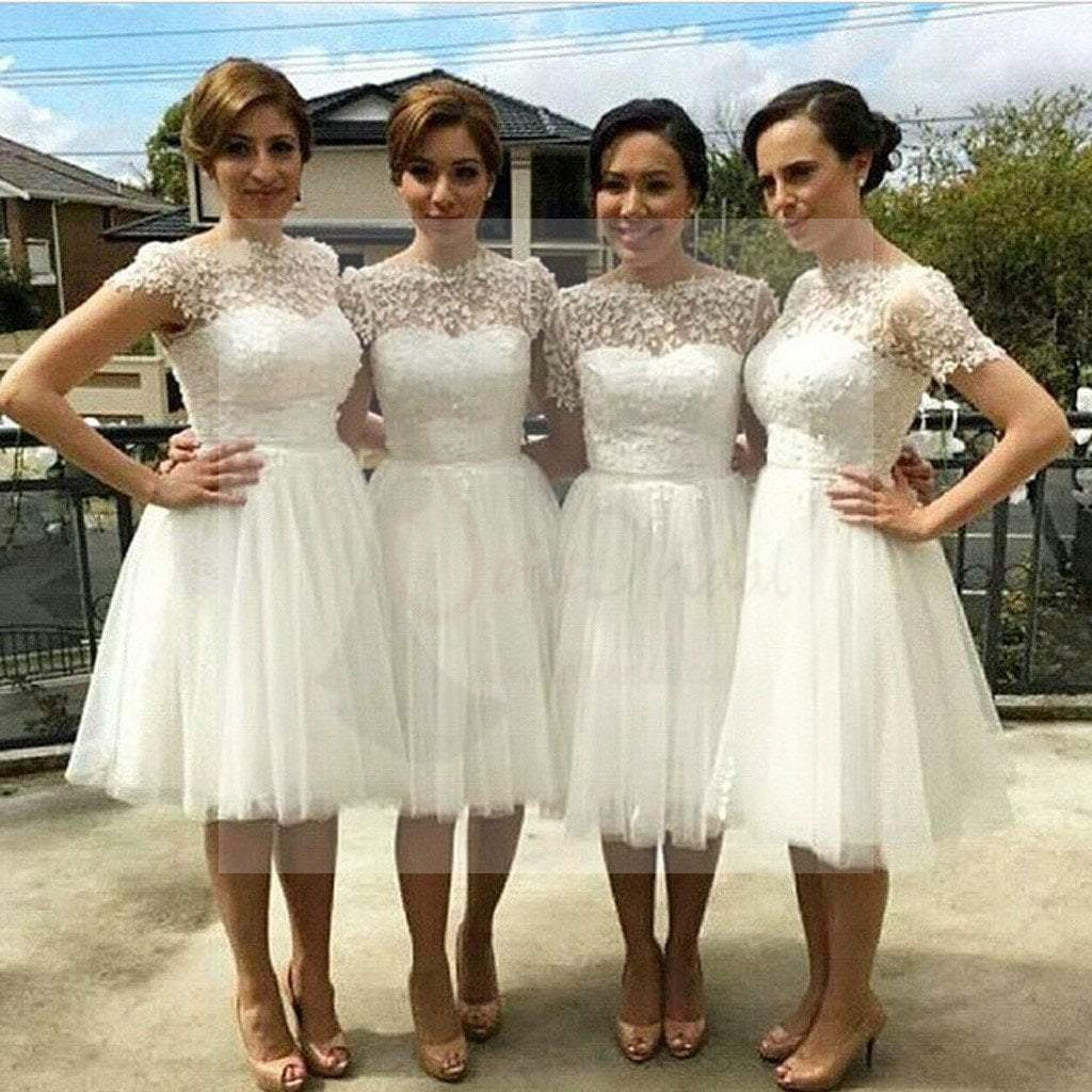 Beautiful Cap Sleeve White Tulle Short Sleeve Knee Length Wedding Party Dresses, Cheap Homecoming Graduation Occasion Dresses, WG140