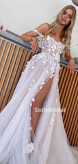 A-Line Charming V-neck Side Slit Long Wedding Dresses With Lace,SFWD0009