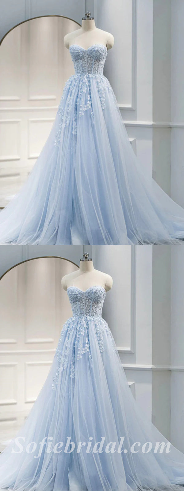 Elegant Blue Tulle Sweetheart V-Neck Sleeveless A-Line Long Prom Dresses/Ball Gown With Applique,SFPD0520
