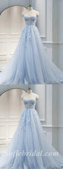 Elegant Blue Tulle Sweetheart V-Neck Sleeveless A-Line Long Prom Dresses/Ball Gown With Applique,SFPD0520