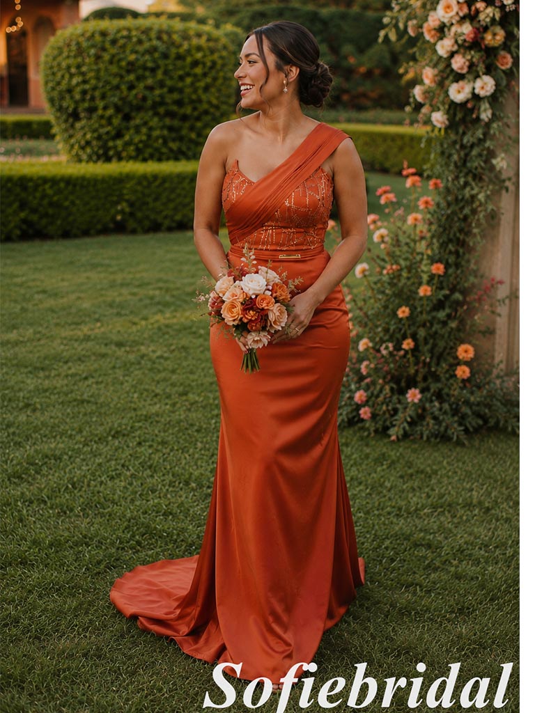 Burnt Orange Satin One Shoulder Beaded Mermaid Bridesmaid Dress For Wedding Guest, SFWG00643