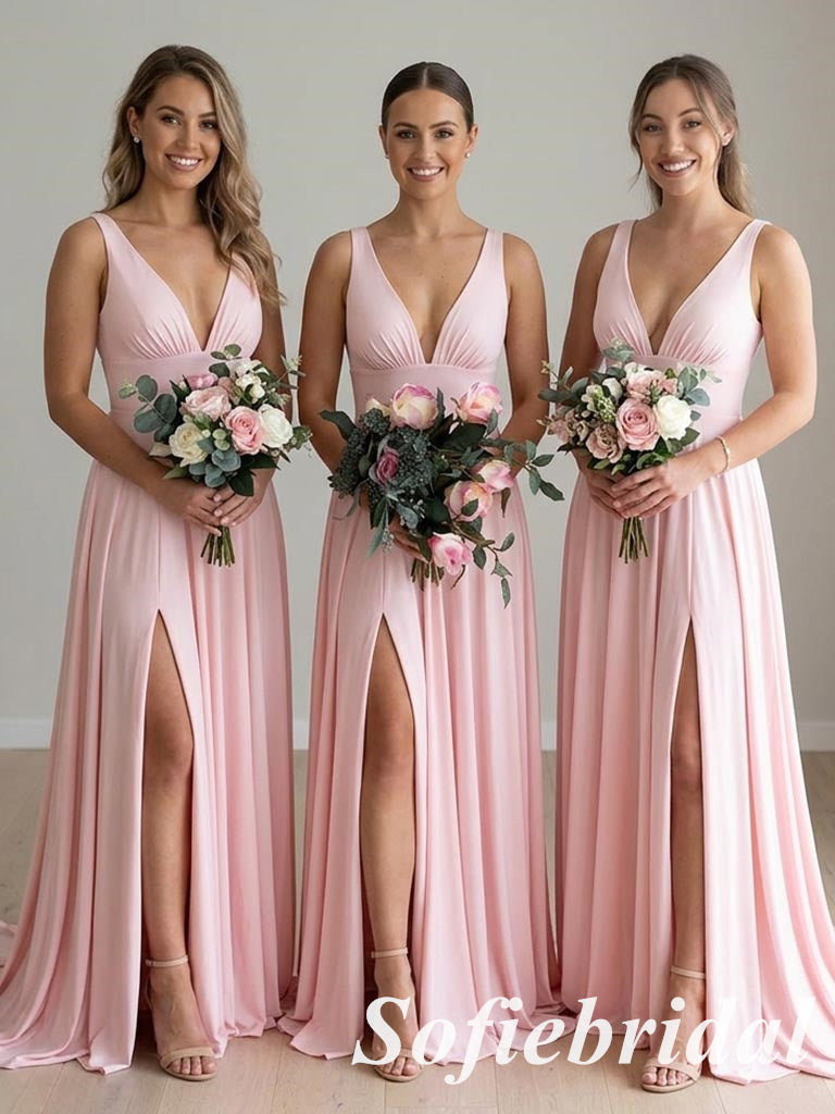 Blushing-Pink V-Neck Chiffon A-Line Bridesmaid Dresses with Slit, SFWG00632