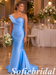 Elegant Blue Satin Bridesmaid Dress Mermaid With Beaded Bodice, SFWG00640