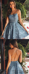 A-line Spaghetti Straps Lace Backless Short Homecoming Dress, HD0161