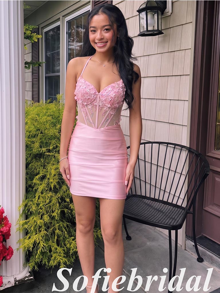 Blush Pink Satin Corset Homecoming Dress With Lace Appliques, HD0331