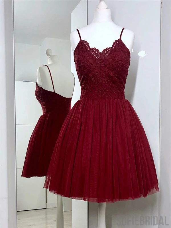 A-Line Spaghetti Strap Lace Appliques Top Tulle Homecoming Dress, HD0173