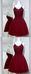 A-Line Spaghetti Strap Lace Appliques Top Tulle Homecoming Dress, HD0173
