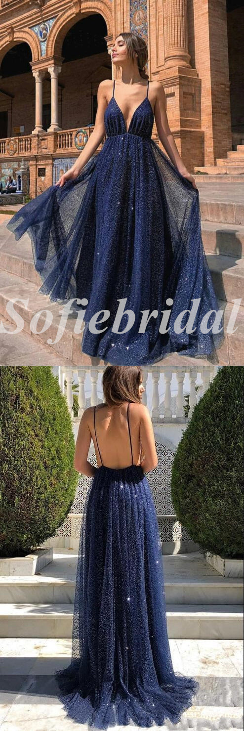 Beautiful Tulle Spaghetti Straps V-Neck Sleeveless A-Line Long prom Dresses,SFPD0719